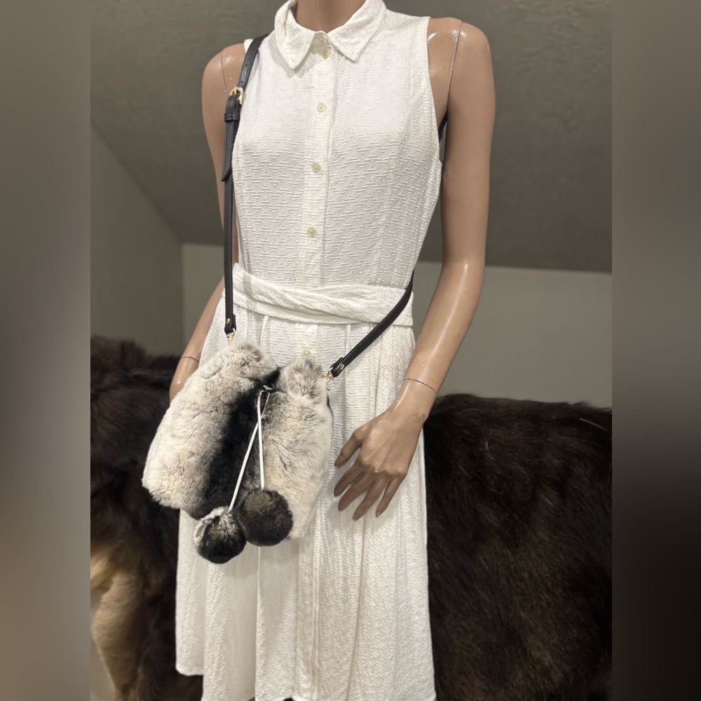 Handmade 2 Tone Real Rex Rabbit Fur Drawstring Bucket Bag,Includes 2 Straps - Picture 12 of 15